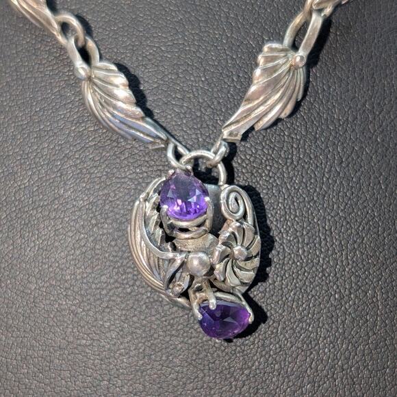 Vintage 925 Sterling Silver Purple Gemstone Leaf Flower Design 20" Necklace - Picture 5 of 15